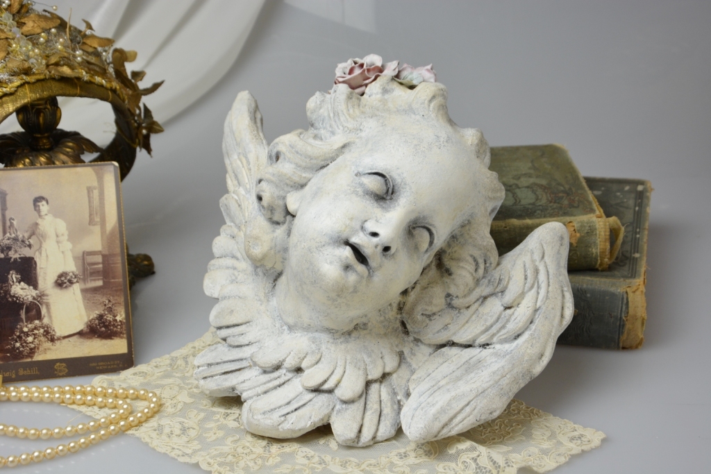 Auction ID 196690 - Winged Cherub Head Sculpture Wall Decor Shabby Chic Putti Angel Figurine with Roses White French Nordic